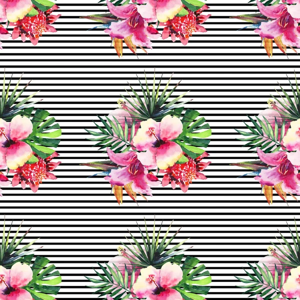 Schöne helle schöne tropische hawaii Blumen Kräuter Sommer Strauß aus tropischen Blumen Hibiskus Orchideen und Palmen Blätter Muster auf dunklen Linien Hintergrund Aquarell Handskizze — Stockfoto