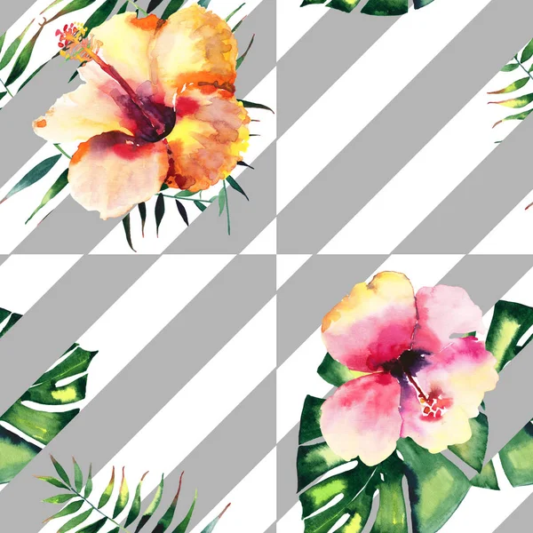 Belle lumineux belle abstrait coloré tropical hawaii floral motif d'été de fleurs tropicales hibiscus orchidées et feuilles de palmiers sur fond de lignes diagonales grises aquarelle croquis à la main — Photo