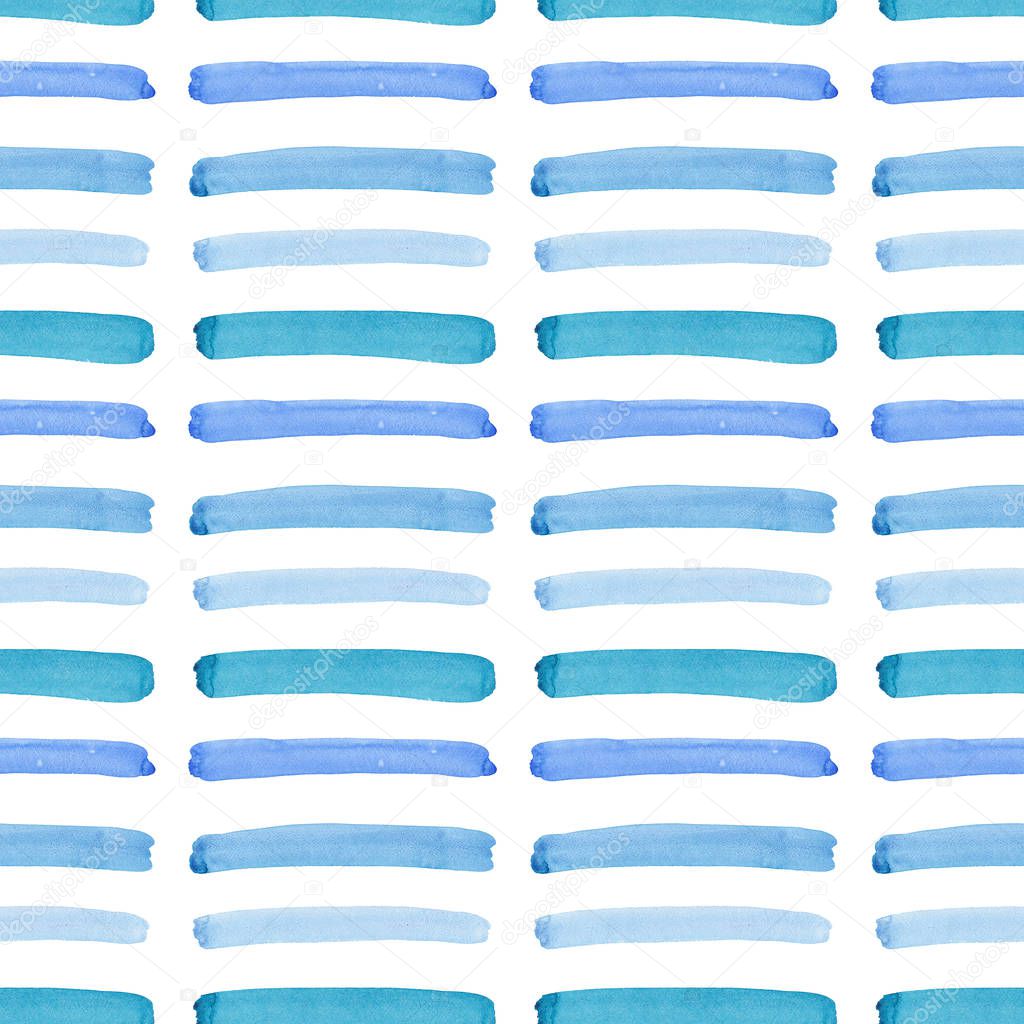 Bright abstract beautiful gorgeous elegant graphic artistic texture blue, turquoise, ultramarine horizontal lines pattern of watercolor hand illustration. Perfect for textile, wallpapers