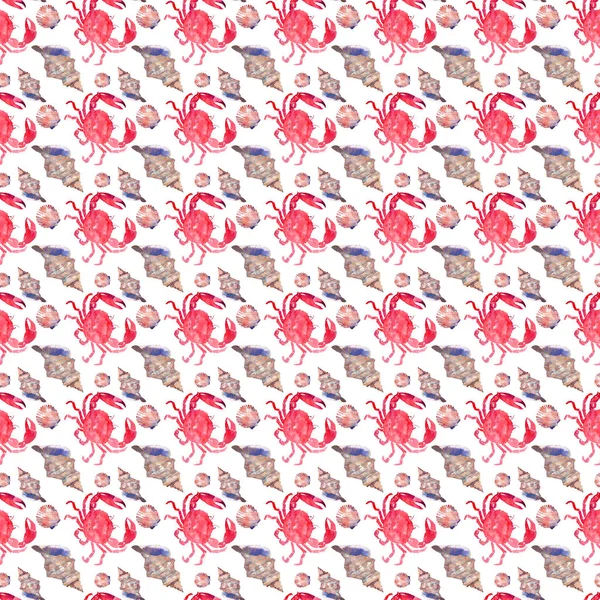 Barevné zářivě krásné krásné letní moře chutné lahodný vzorek červených krabů a úhrady pastelové mušle akvarel ruka ilustrace. Ideální pro restaurace, blahopřáním a textilní — Stock fotografie