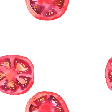 Parlak olgun lezzetli lezzetli güzel tarım yaz salata kırmızı domates doğranmış ve desen suluboya el illüstrasyon dilimlenmiş. Menü, tekstil, tebrik kartları için mükemmel