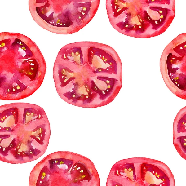 Brillante madura sabrosa hermosa agricultura verano ensalada tomates rojos picados y en rodajas patrón acuarela mano ilustración. Perfecto para menú, textil, tarjetas de felicitación — Foto de Stock