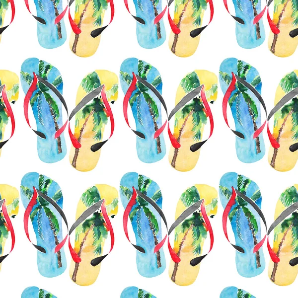 Beautiful bright lovely comfort summer pattern of beach blue yellow flip flops with tropical palm design watercolor hand illustration — Stock Photo, Image