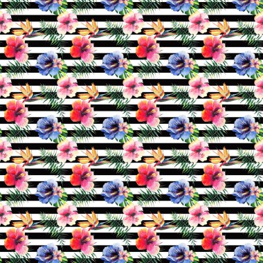 Güzel parlak güzel renkli tropikal hawaii çiçek bitkisel yaz desen tropikal hibiscus orkide çiçekler ve avuç içi siyah yatay çizgiler arka plan suluboya el çizimi üzerinde bırakır