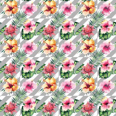 Güzel parlak güzel soyut tropikal hawaii çiçek bitkisel yaz desen tropikal hibiscus orkide çiçekler ve avuç içi yaprakları gri çapraz çizgiler arka plan suluboya el kroki üzerinde renkli