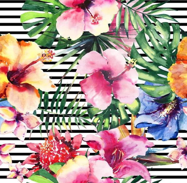 Härlig söt vackra underbara grafisk ljusa tropiska hawaii blommig växtbaserade sommaren tropiska blommor hibiscus orkidéer och palms bladen mönster på mörka linjer bakgrund akvarell hand illustration — Stockfoto