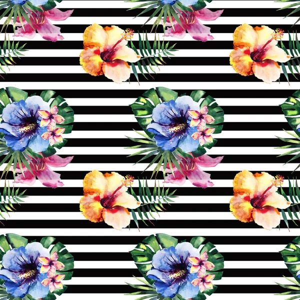 Piękny Ładna piękne Znakomity jasne tropikalny Hawaje kwiatowy lato ziołowe tropikalne kwiaty hibiskusa storczyki i palmy liści wzór graficzny na ilustracji akwarela ręka tło ciemne linie — Zdjęcie stockowe