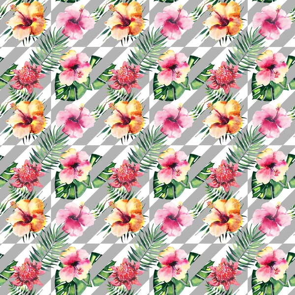 Όμορφο φωτεινό υπέροχο αφηρημένο πολύχρωμο τροπικό μοτίβο floral φυτικά καλοκαίρι Χαβάη του τροπικού άνθη ιβίσκου ορχιδέες και παλάμες αφήνει γκρι διαγώνιες γραμμές φόντο ακουαρέλα χέρι σκίτσο — Φωτογραφία Αρχείου