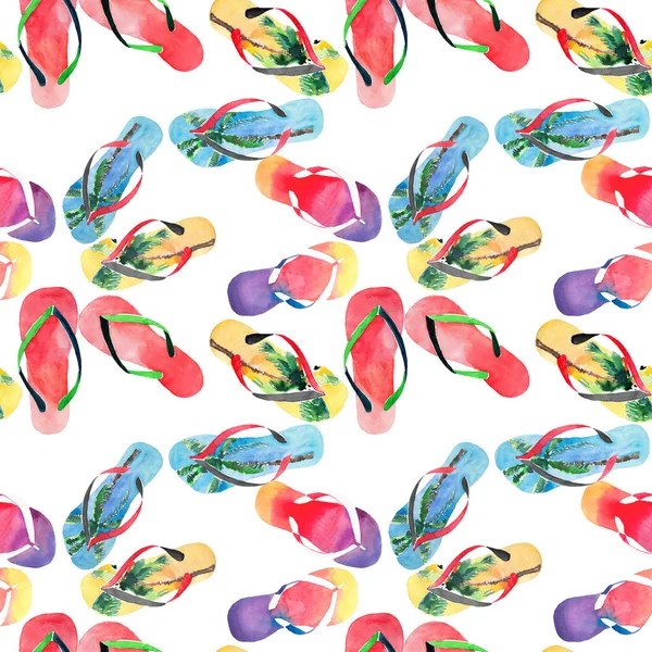 Beautiful bright comfort summer pattern of beach blue yellow flip flops with tropical palm design, red green flip flops, yellow orange pink red blue purple flip flops watercolor hand illustration — Stock Photo, Image