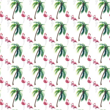 Parlak güzel ihale hafif yeşil palmiye ağacı ve pembe flamingolar suluboya el kroki harika tropik hawaii yaz desen sofistike. Mükemmel tebrik kartı, tekstil, duvar kağıtları için
