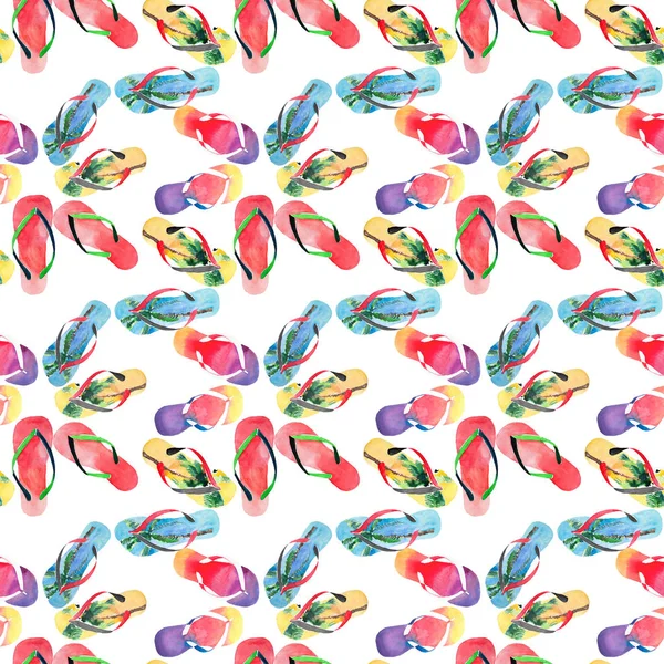 Όμορφη Μπράιτ Κόμφορτ μοτίβο καλοκαίρι παραλία μπλε κίτρινο flip flops με τροπικούς φοίνικες σχεδιασμό, κόκκινο πράσινο σαγιονάρες, κίτρινο πορτοκαλί ροζ κόκκινο μπλε μοβ σαγιονάρες ακουαρέλα χέρι εικονογράφηση — Φωτογραφία Αρχείου