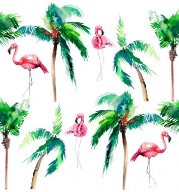 Güzel parlak yeşil güzel harika hawaii çiçek yaz desen bir tropik yeşilin palmiyeler ve pembe flamingoları suluboya el kroki ihale. Tebrik kartı için mükemmel, tekstil, duvar kağıtları, kağıt ambalaj