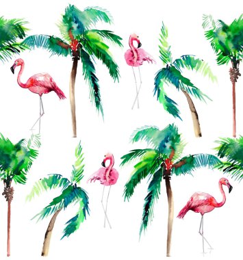 Beautiful bright green lovely wonderful hawaii floral summer pattern of a tropical green palm trees and tender pink flamingoes watercolor hand sketch. Perfect for greetings card, textile, wallpapers, wrapping paper clipart
