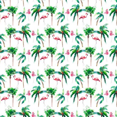 Güzel parlak yeşil güzel harika hawaii çiçek yaz desen bir tropik yeşilin palmiyeler ve pembe flamingoları suluboya el kroki ihale. Tebrik kartı için mükemmel, tekstil, duvar kağıtları, kağıt ambalaj