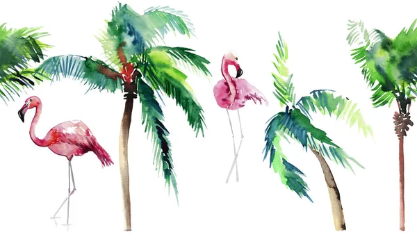 Beautiful bright green lovely wonderful hawaii floral summer pattern of a tropical green palm trees and tender pink flamingoes watercolor hand sketch. Perfect for greetings card, textile, wallpapers, wrapping paper — Stock Photo, Image