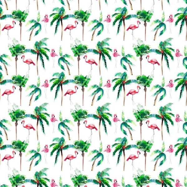 Bella verde brillante bella meravigliosa hawaii floreale modello estivo di palme verdi tropicali e teneri fenicotteri rosa acquerello mano schizzo. Perfetto per biglietti di auguri, tessili, carte da parati, carta da regalo — Foto Stock