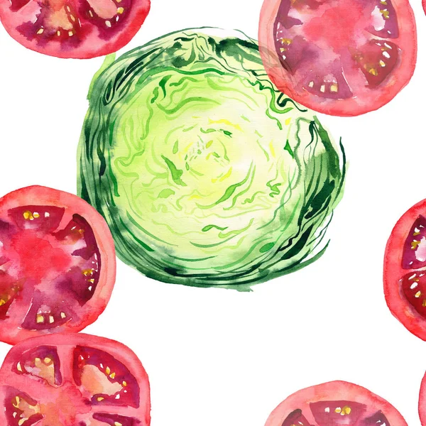 Яскраво стиглий смачний смачний красивий сільськогосподарський літній салат зелена капуста і червоні помідори нарізані і нарізані візерунок аквареллю ручної ілюстрації. Ідеально підходить для меню, текстилю, вітальних листівок — стокове фото