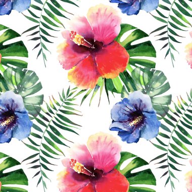 Güzel parlak güzel harika yeşil tropikal hawaii çiçek bitkisel yaz renkli desen tropikal hibiscus çiçek ve yaprak suluboya el illüstrasyon palms