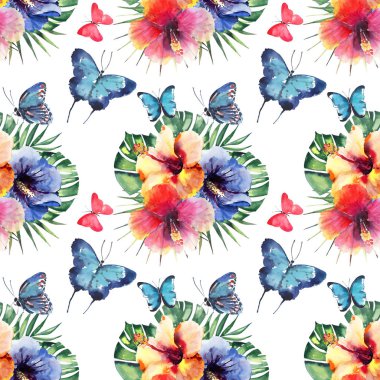 Güzel şirin sofistike muhteşem harika ihale nazik bahar renkli tropikal hibiscus, palmiye yaprakları ve parlak tropikal kelebekler desen suluboya el çizimi