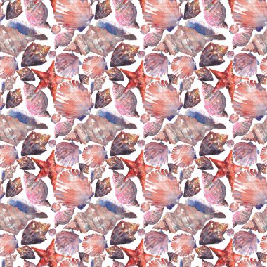 Parlak grafik güzel güzel harika yaz taze okyanus deniz plaj renkli deniz kabuklarını ve starfishes suluboya el illüstrasyon model. Tebrik kartı, tekstil tasarımı için mükemmel