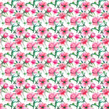 Parlak şirin ihale güzel güzel harika bahar çiçek bitkisel pembe Şakayık yeşil yaprakları ve suluboya el illüstrasyon tomurcukları. Tebrik kartı, tekstil tasarımı için mükemmel