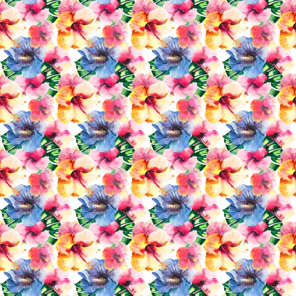 Belle lumineux belle coloré tropical hawaii floral motif d'été à base de plantes de fleurs tropicales hibiscus et palmiers feuilles aquarelle croquis à la main — Photo