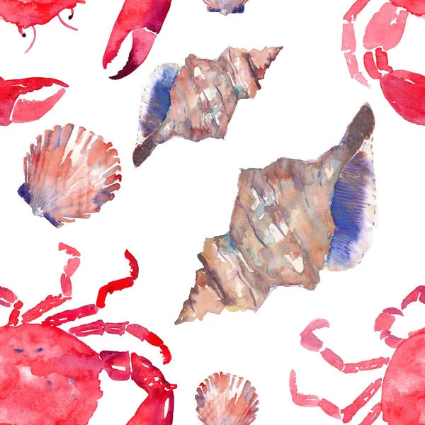 Mooie heldere kleurrijke mooie zomer zee lekker heerlijk patroon van rode krabben en tedere pastel schelpen aquarel hand illustratie. Ideaal voor restaurant menu, wenskaart en textiel — Stockfoto