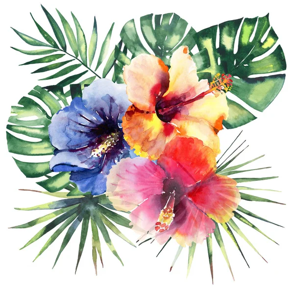 Hermosa brillante hermosa maravillosa hawaii tropical floral a base de hierbas de verano composición colorida de flores tropicales rojas, azules, amarillas, rosas y palmas verdes hojas acuarela bosquejo de la mano — Foto de Stock