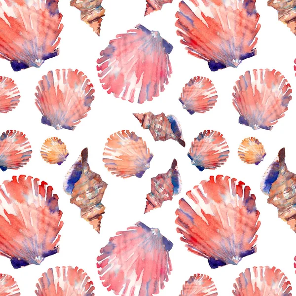 Bright cute graphic lovely beautiful wonderful summer fresh marine beach colorful seashells and starfishes pattern watercolor hand illustration — Stock Photo, Image