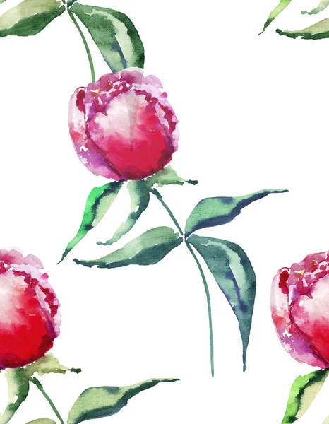 Bella tenera sofisticato gentile bella primavera peonie floreali a base di erbe con foglie verdi disegno acquerello mano schizzo. Perfetto per biglietti di auguri e compleanni, matrimoni, inviti, design tessile — Foto Stock