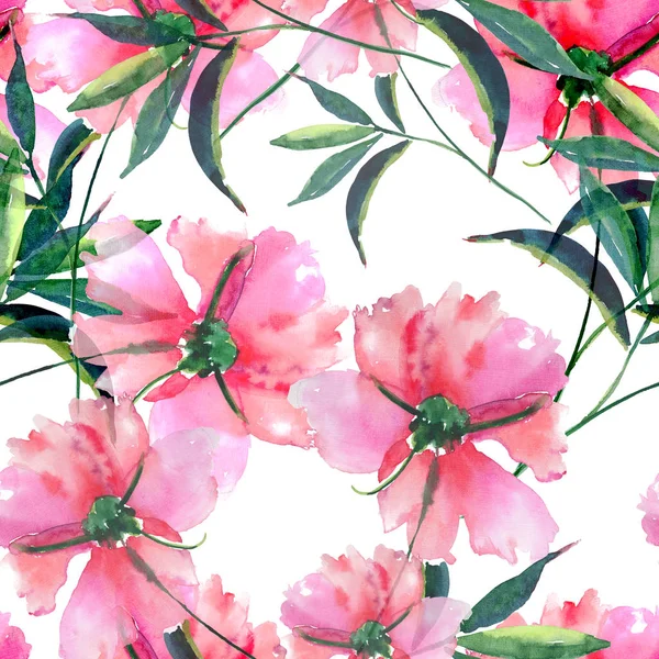 Brillante lindo tierno hermoso hermoso maravilloso primavera floral hierba rosa peonía con hojas verdes y brotes acuarela mano ilustración. Perfecto para tarjetas de felicitación, diseño textil — Foto de Stock