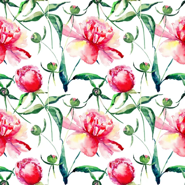 Belle délicate tendre mignon joli floral coloré printemps été rose, rouge, pivoines orange avec feuilles vertes et bourgeons motif aquarelle croquis à la main — Photo