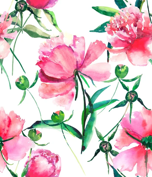 Lumineux mignon tendre belle belle magnifique printemps floral pivoine rose avec des feuilles vertes et bourgeons aquarelle illustration à la main. Parfait pour carte de vœux, design textile — Photo