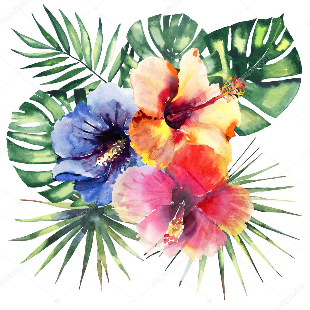 Beautiful bright lovely wonderful tropical hawaii floral herbal summer colorful composition of tropical red, blue, yellow, pink flowers and green palms leaves watercolor hand sketch