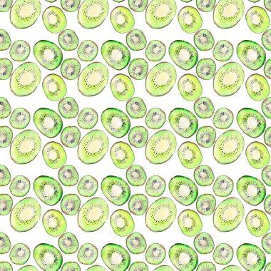 Parlak olgun lezzetli lezzetli güzel tropikal yaz çöl kivi meyve doğranmış ve desen suluboya el illüstrasyon dilimlenmiş. Menü, tekstil, tebrik kartları için mükemmel