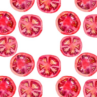 Parlak olgun lezzetli lezzetli güzel tarım yaz salata kırmızı domates doğranmış ve desen suluboya el illüstrasyon dilimlenmiş. Menü, tekstil, tebrik kartları için mükemmel