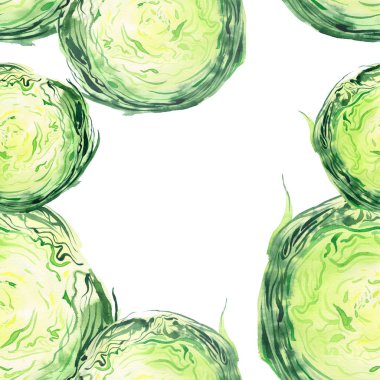 Parlak olgun lezzetli lezzetli güzel yeşil tarım yaz salata lahana doğranmış ve desen suluboya el illüstrasyon dilimlenmiş. Menü, tekstil, tebrik kartları için mükemmel