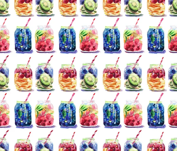 Beautiful bright fresh tasty juicy delicious lovely cute colorful detox bank with blue blackberry, mulberry and kiwi sliced, red cherries and oranges, red raspberries and green lime, blueberries pattern watercolor hand illustration — Stock Photo, Image
