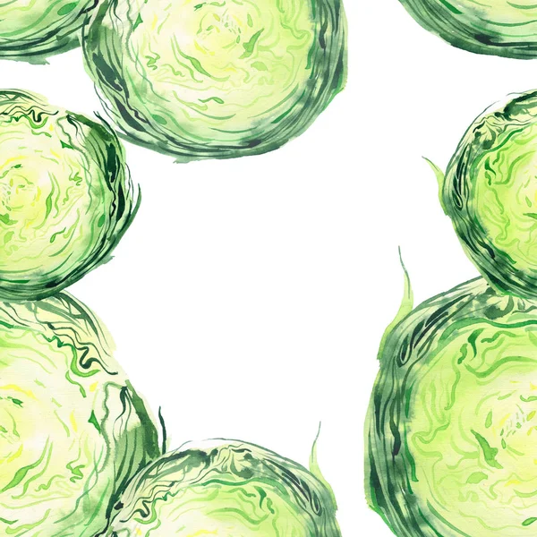 밝은 익은 맛 있는 맛 있는 아름 다운 녹색 농업 여름 샐러드 양배추 다진 고 패턴 수채화 손 그림을 슬라이스. 메뉴, 섬유, 인사말 카드에 대 한 완벽 한 — 스톡 사진
