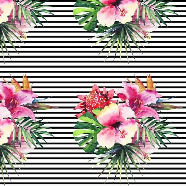 Precioso lindo hermoso maravilloso gráfico brillante tropical hawaii floral herbario verano tropical flores hibisco orquídeas y palmeras hojas patrón en líneas oscuras fondo acuarela mano ilustración — Foto de Stock