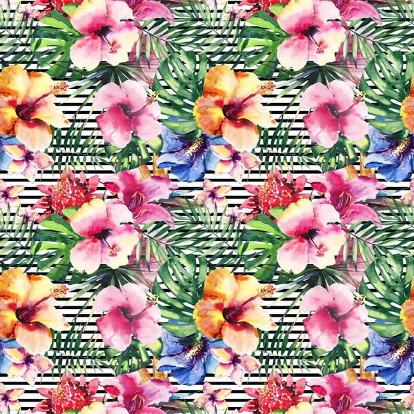 Belle mignonne belle magnifique graphique lumineux tropical hawaii floral herbe été fleurs tropicales hibiscus orchidées et palmiers feuilles motif sur fond lignes sombres aquarelle illustration à la main — Photo