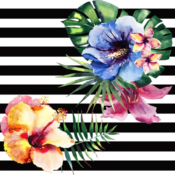 可爱可爱美丽精彩明亮热带夏威夷花卉草药夏季热带花卉芙蓉兰花和棕榈树树叶图案上黑线条背景水彩手图 — 图库照片