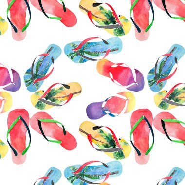 Tropikal palmiye tasarımı ile güzel parlak konfor yaz desen plaj mavi sarı Flip Floplar, kırmızı yeşil flip floplar, suluboya el resimde sarı turuncu pembe kırmızı mavi mor flip flop