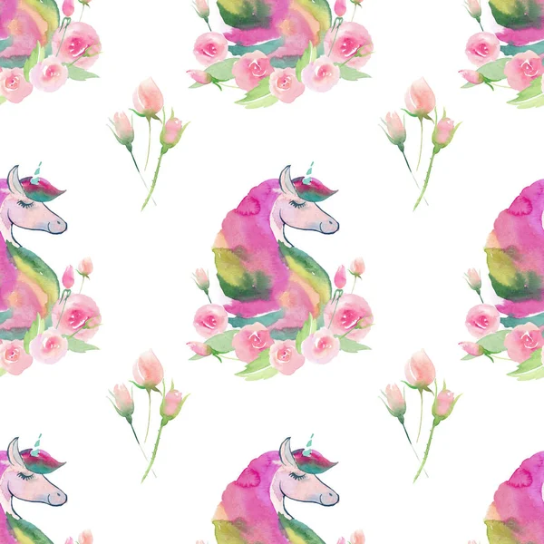 Bright precioso lindo hada mágico colorido patrón de unicornios con pastel de primavera lindo hermosas flores acuarela mano boceto —  Fotos de Stock