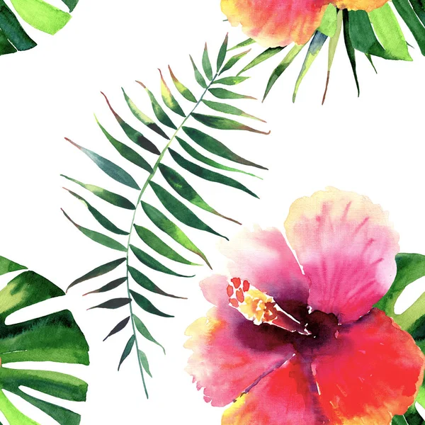 Heldere mooie tedere verfijnde mooie tropische hawaii floral zomer patroon van een tropic hibiscus en groene palm laat aquarel hand illustratie. Perfect voor wenskaart, textiel — Stockfoto