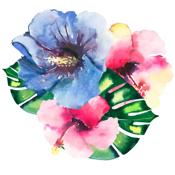 Schöne helle schöne tropische Hawaii Blumen Kräuter Sommer bunte Komposition aus drei tropischen roten, blauen, gelben, rosa Blumen und grünen Palmen Blätter Aquarell Handskizze — Stockfoto