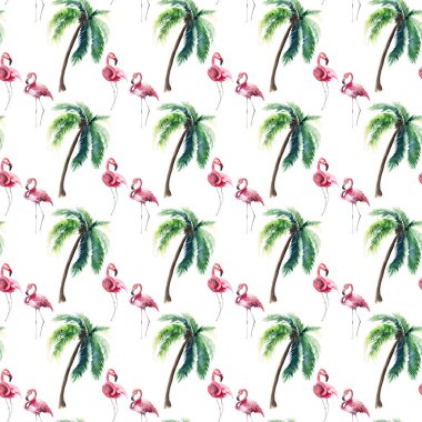 Güzel parlak yeşil güzel harika hawaii çiçek yaz desen bir tropik yeşilin palmiyeler ve pembe flamingoları suluboya el kroki ihale. Tebrik kartı için mükemmel, tekstil, duvar kağıtları, kağıt ambalaj