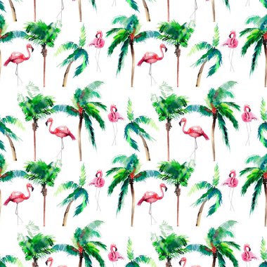 Güzel parlak yeşil güzel harika hawaii çiçek yaz desen bir tropik yeşilin palmiyeler ve pembe flamingoları suluboya el kroki ihale. Tebrik kartı için mükemmel, tekstil, duvar kağıtları, kağıt ambalaj