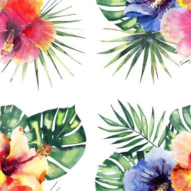 Güzel parlak güzel renkli tropikal hawaii çiçek bitkisel yaz çerçeve tropikal hibiscus çiçek ve yaprak suluboya el kroki palms