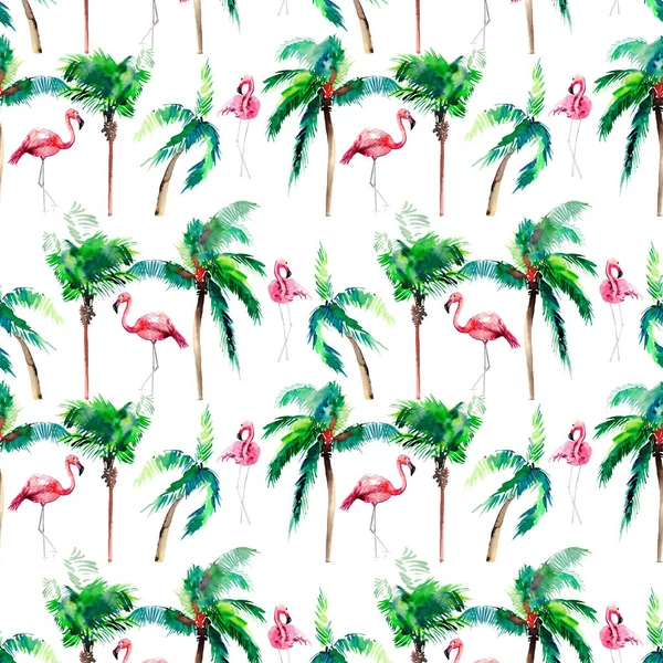 Frumos verde luminos minunat minunat hawaii model floral de vară de palmieri verzi tropicali și flamingo roz delicat schiță de mână acuarelă. Perfect pentru felicitări card, textile, imagini de fundal, hârtie de ambalaj — Fotografie, imagine de stoc
